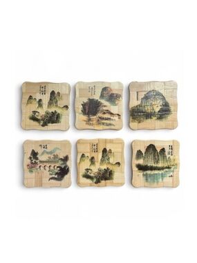 Vintage Bamboo Coaster Set Asian Landscape Bamboo Holder Japanese Style Set of 6